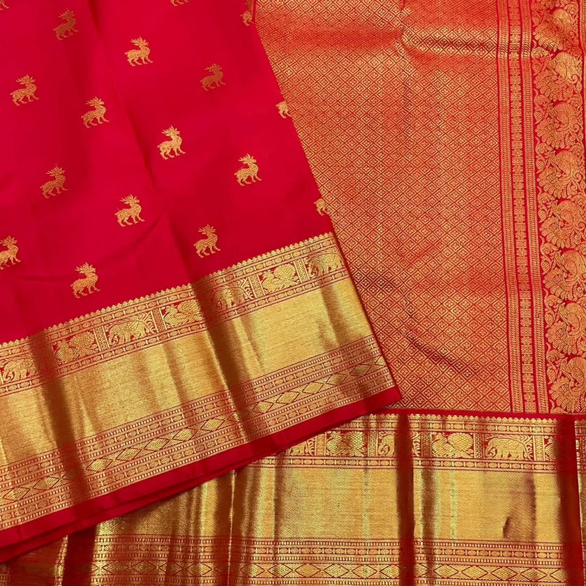 Pure Red Kanjivaram Saree with Golden Deer Motifs
