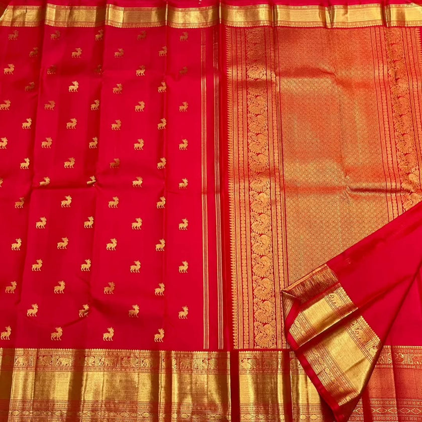Pure Red Kanjivaram Saree with Golden Deer Motifs