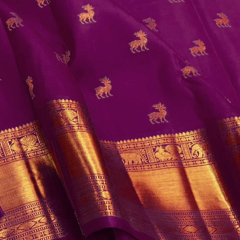 Pure Purple Kanjivaram Saree with Golden Deer Motifs