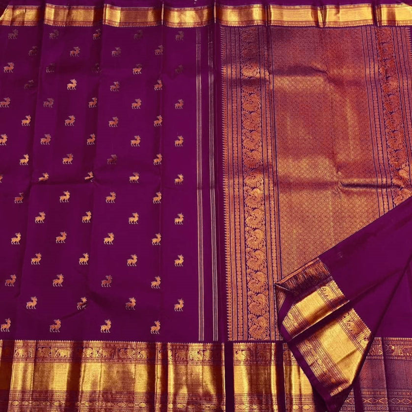 Pure Purple Kanjivaram Saree with Golden Deer Motifs