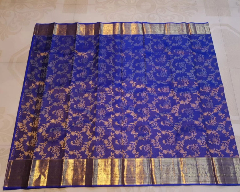 Royal Blue Kanjivaram Silk Saree with Golden Zari Floral Weave