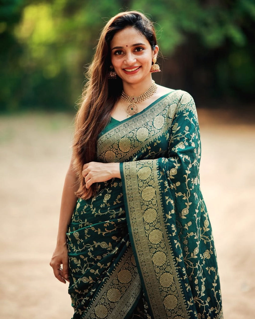 Vasundhara - Green Silk Saree with Gold Zari Floral Work and Ornate Border