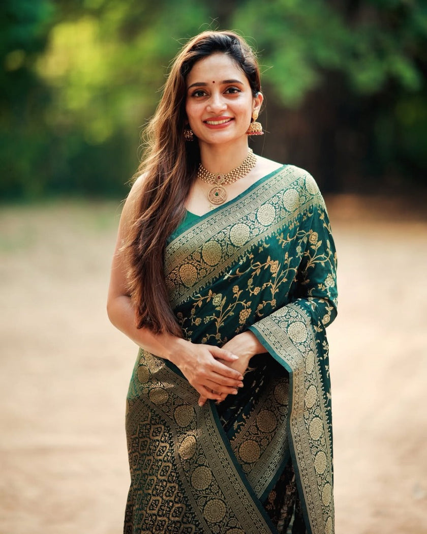 Vasundhara - Green Silk Saree with Gold Zari Floral Work and Ornate Border