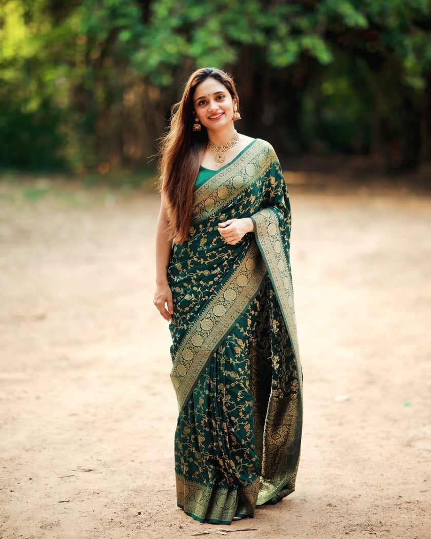 Vasundhara - Green Silk Saree with Gold Zari Floral Work and Ornate Border