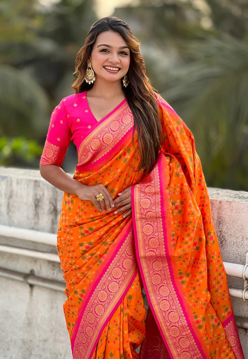 Turquoise Orange Banarasi Silk Saree – Festive Radiance in Every Drape