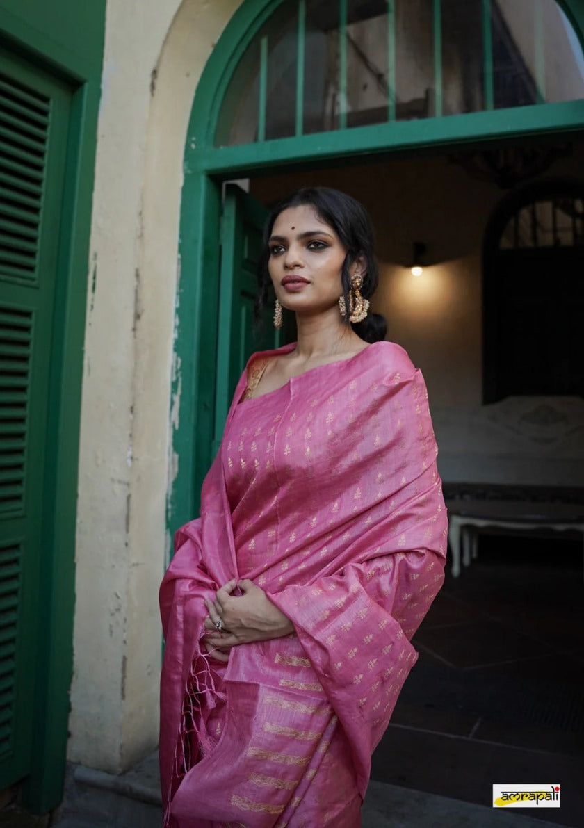 Rose Pink Handloom Tissue Silk Saree