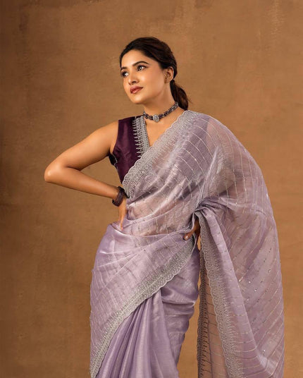 Dusty Lavender Designer Saree with Sequin Lines and Lace Border