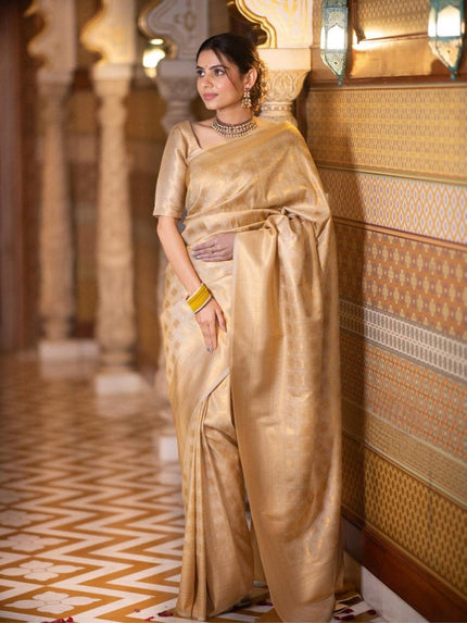 Banarasi  Crimson Beige Silk Saree with Gold Zari Weave