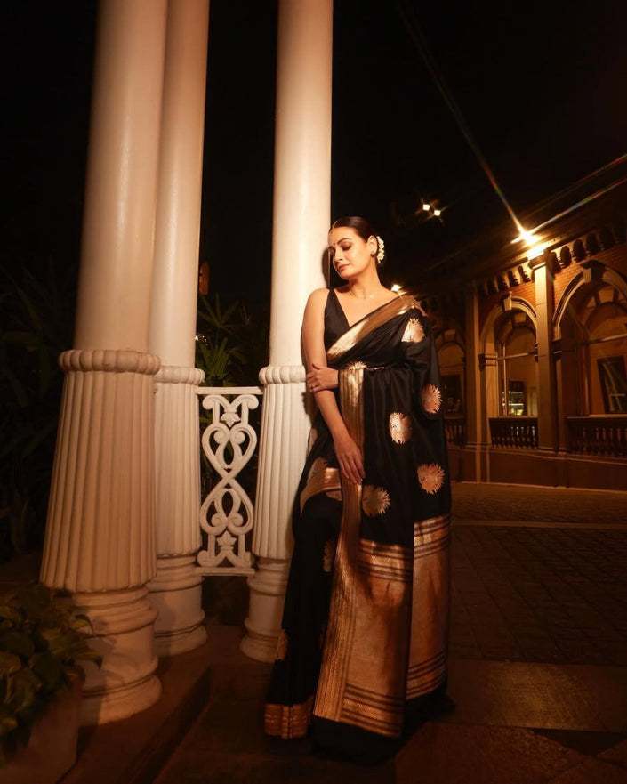 Mithila - Black Silk Saree with Golden Zari Butta and Broad Border