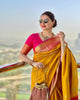 Raveena - Yellow Soft Banarasi Silk Saree with Jacquard Work and Rich Pink Blouse