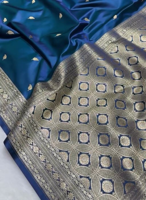 Steel Blue Banarasi Silk Saree with Gold Zari Leaf Buttas