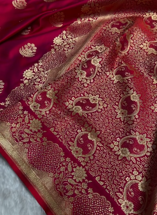 Rani Wine Banarasi Silk Saree with Heavy Floral Paisley Gold Zari Work