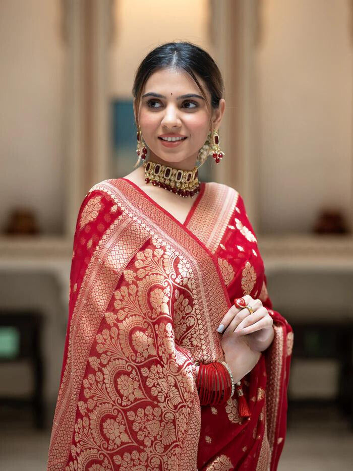 Scarlet Red Banarasi Soft Silk Saree