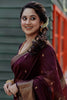 Bhavna - Wine Pure Linen Silk Saree with Jacquard Weaving