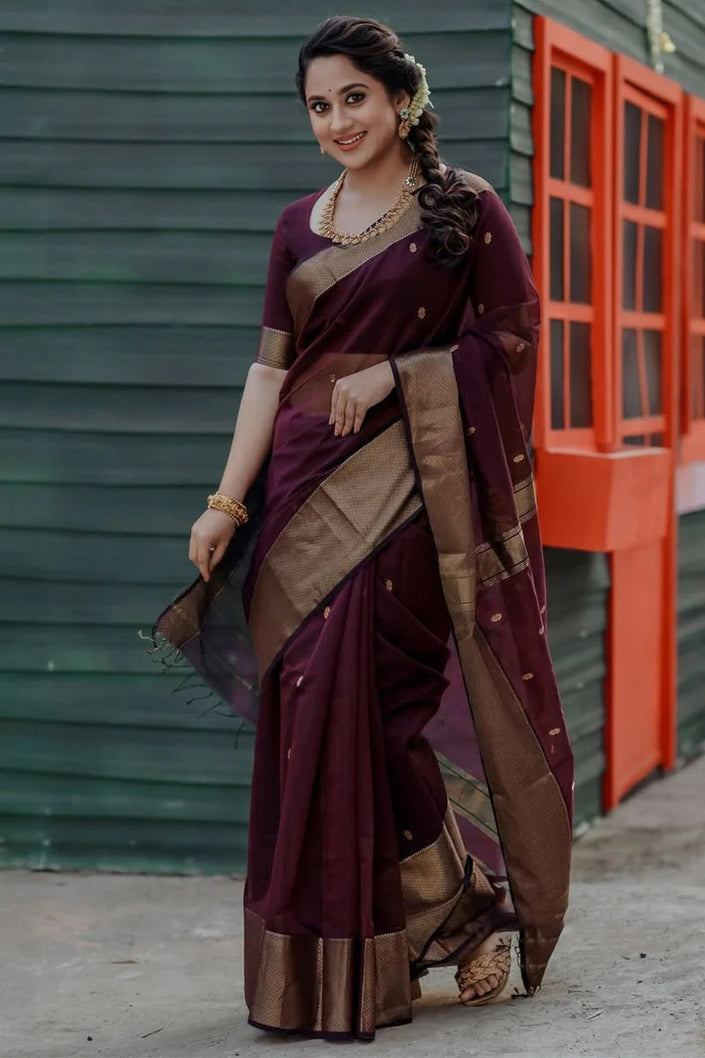Bhavna - Wine Pure Linen Silk Saree with Jacquard Weaving
