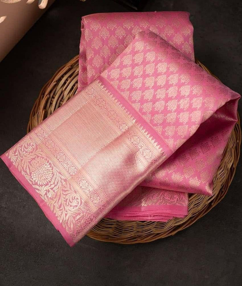 Samika - Pink Soft Silk Saree with Floral Jacquard Zari Border and Blo ...