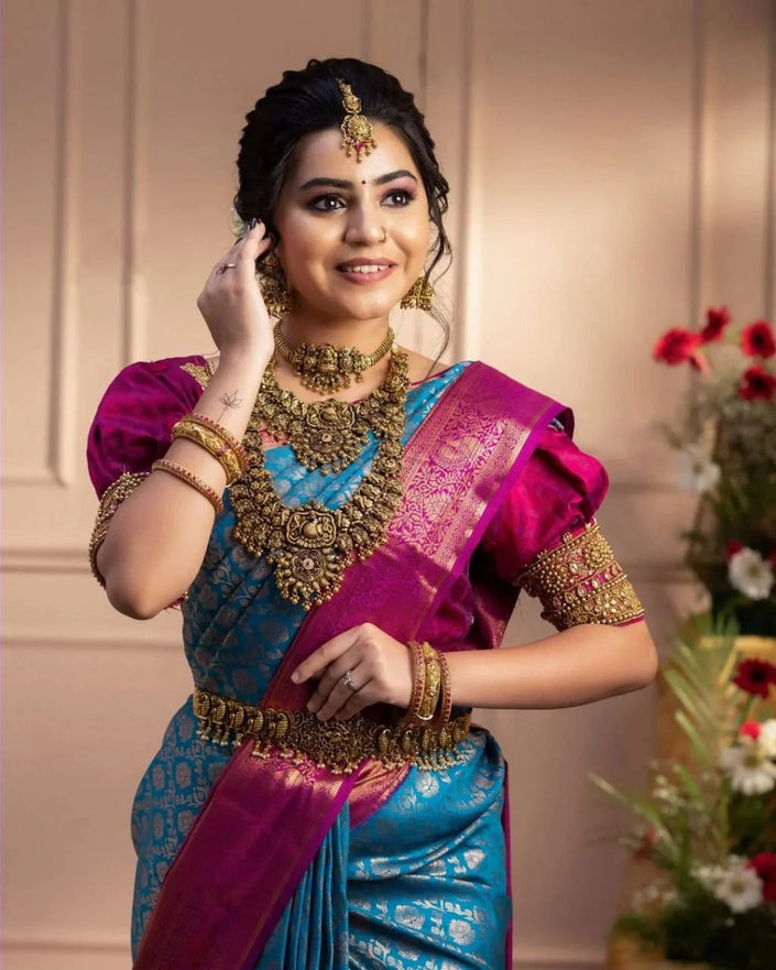 Gomati - Firozi Soft Banarasi Silk Saree with Jacquard Weaving Border