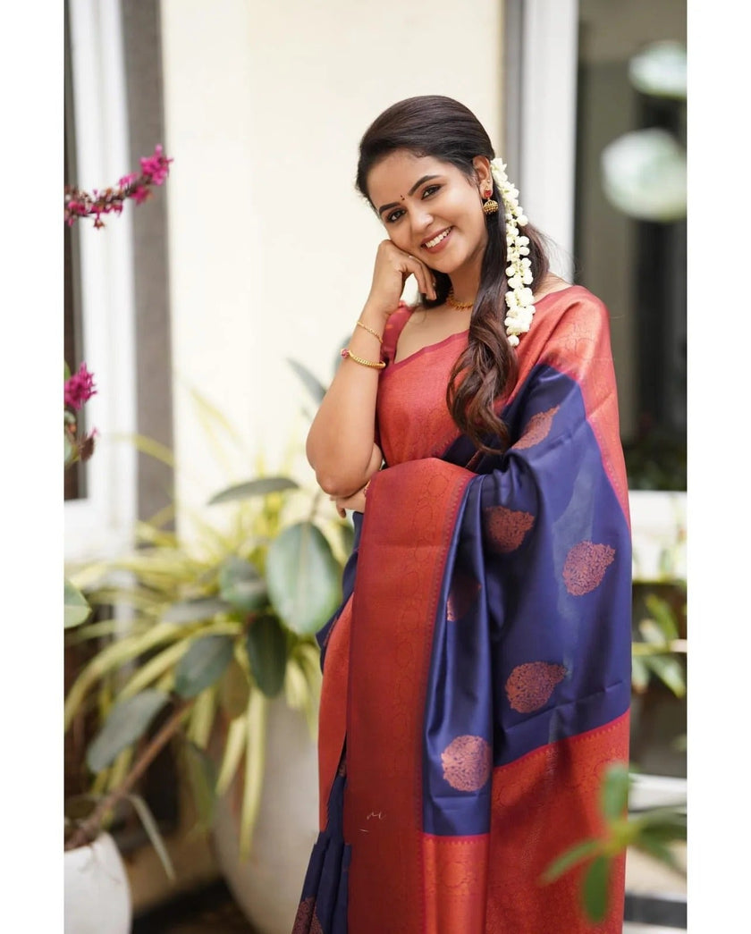 Kavya - NavyBlue Soft Banarasi Silk Saree with Copper Jacquard Buttas