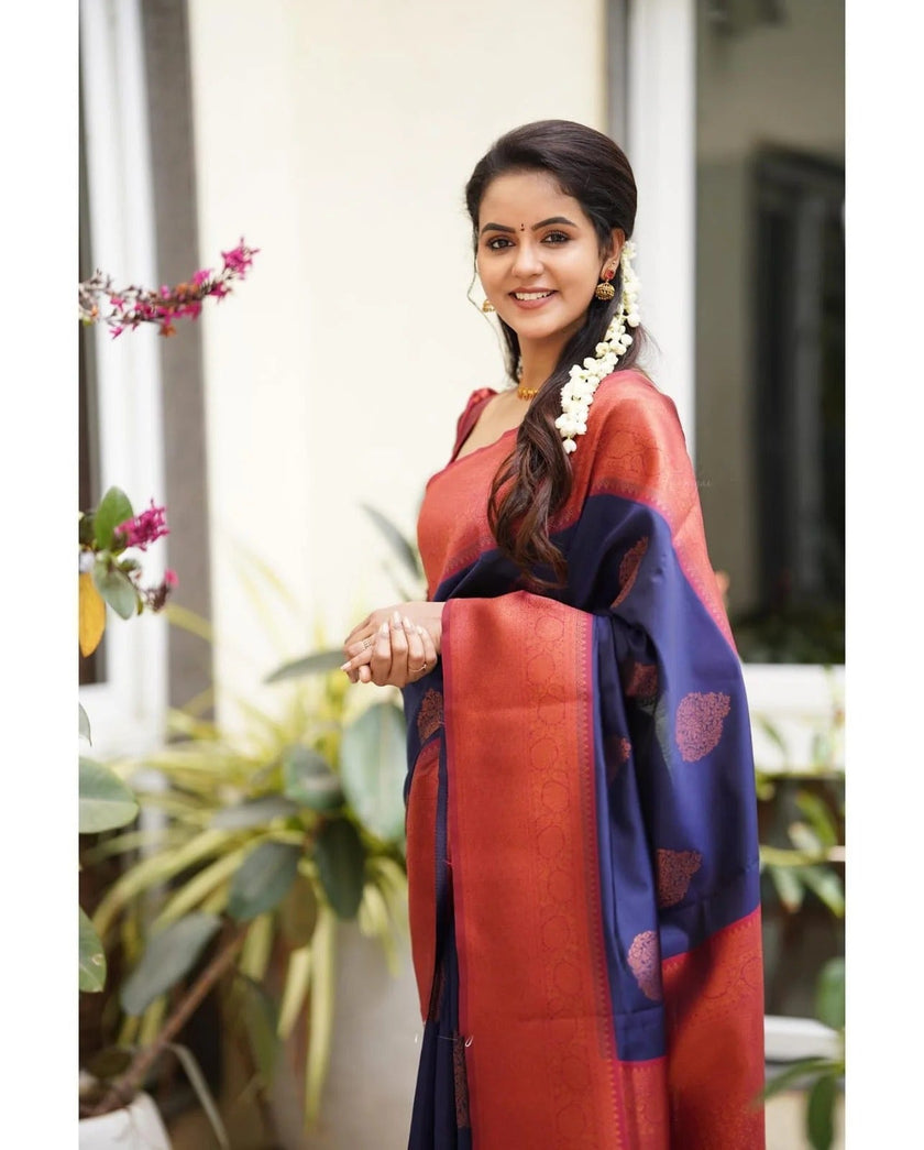 Kavya - NavyBlue Soft Banarasi Silk Saree with Copper Jacquard Buttas