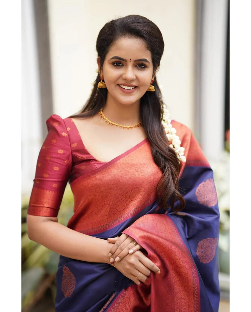 Kavya - NavyBlue Soft Banarasi Silk Saree with Copper Jacquard Buttas