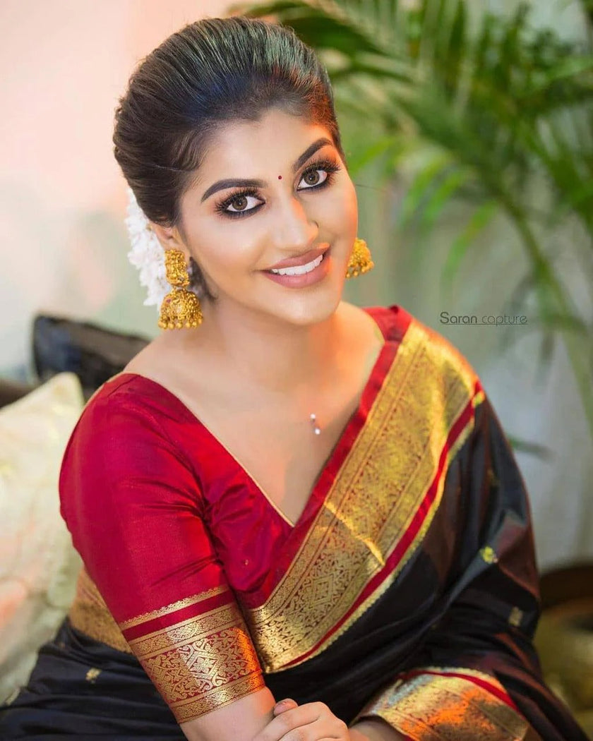 Maithili - Black Soft Silk Saree with Red Blouse and Golden Zari Border