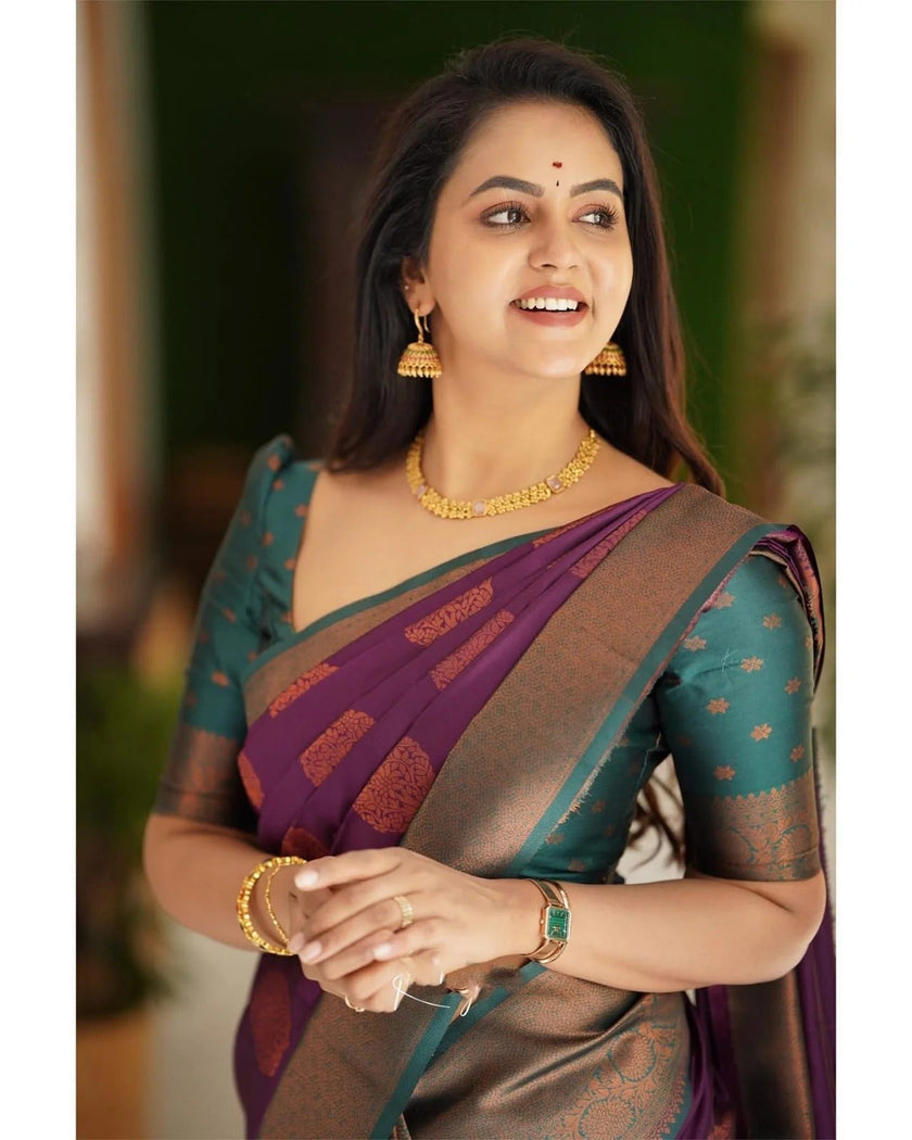 Kavya - Purple Soft Banarasi Silk Saree with Copper Jacquard Buttas