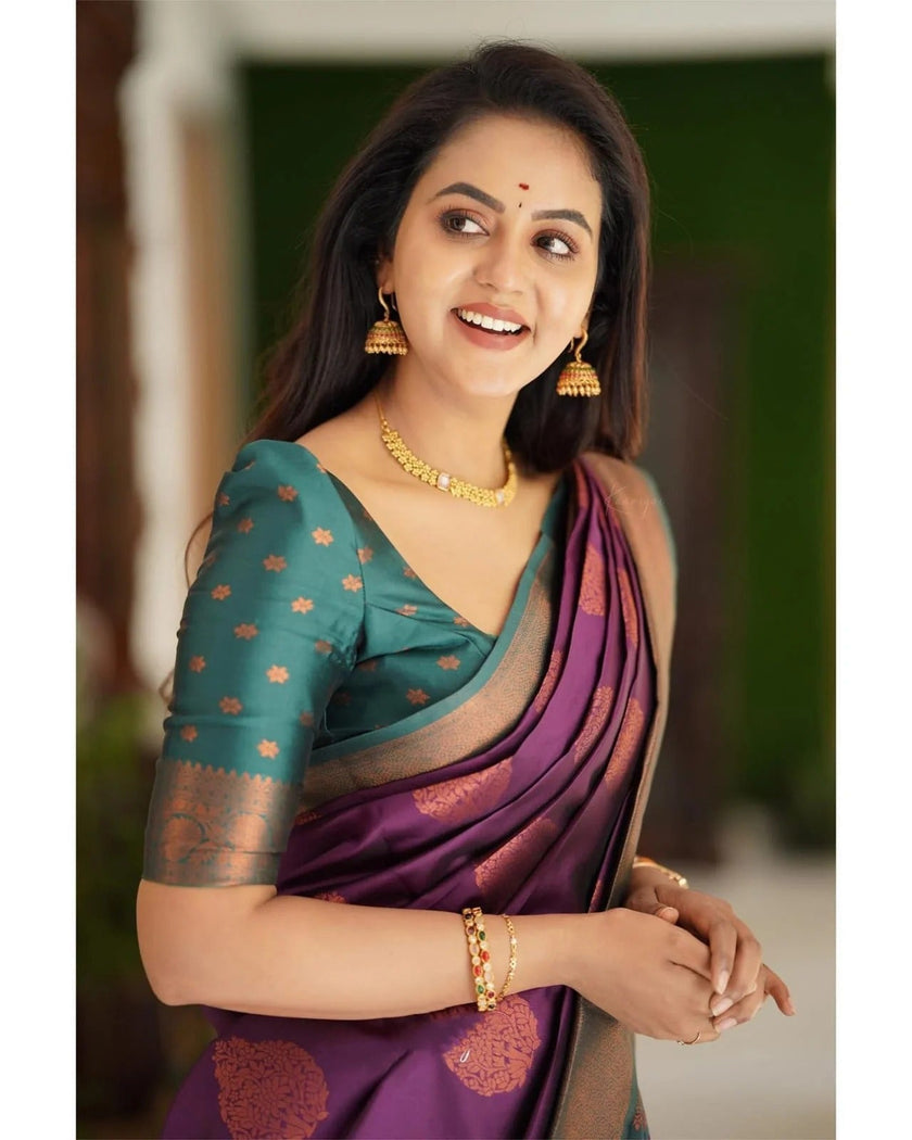 Kavya - Purple Soft Banarasi Silk Saree with Copper Jacquard Buttas