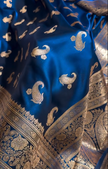 Royal Navy Blue Banarasi Silk Saree with Antique Gold Zari Motifs & Rich Woven Border