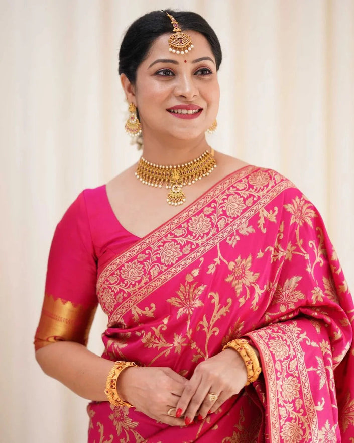 Rukmini – Dark Pink Soft Banarasi Silk Saree with Jacquard Weaving
