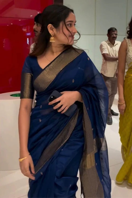Bhavna - NavyBlue Pure Linen Silk Saree with Jacquard Weaving