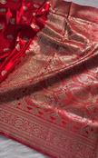 Classic Red Banarasi Silk Saree with Gold Zari Paisley Motifs & Heavy Traditional Border