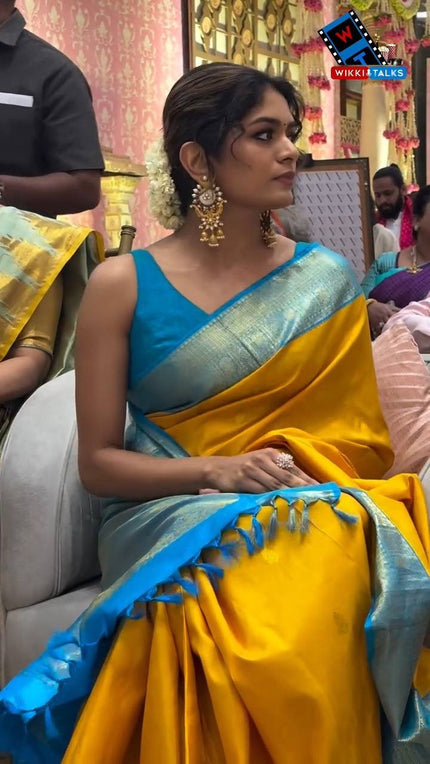 Radiant Mustard Yellow Silk Saree with Sky Blue Zari Border & Contrast Tassels