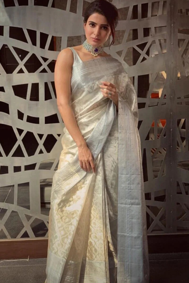 Anasuya – Silver Tissue Silk Saree with Jacquard Weaving Elegance