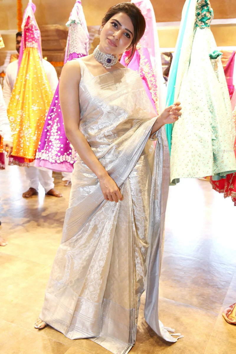 Anasuya – Silver Tissue Silk Saree with Jacquard Weaving Elegance