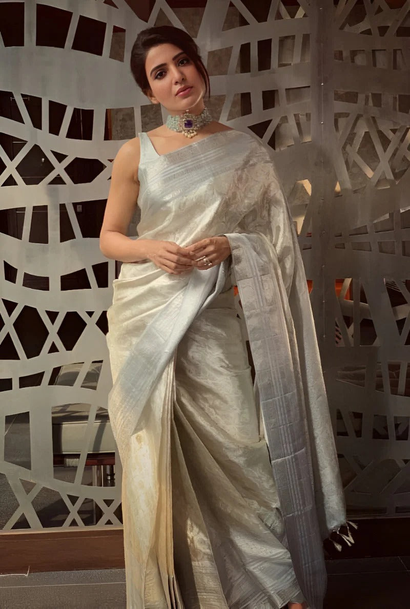 Anasuya – Silver Tissue Silk Saree with Jacquard Weaving Elegance