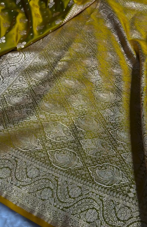 Mustard Olive Banarasi Silk Saree with Gold Zari Butta and Rich Pallu