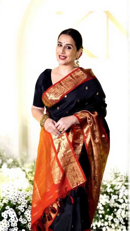 Elegant Midnight Black Silk Saree with Vibrant Orange-Red Banarasi Zari Border & Tassels