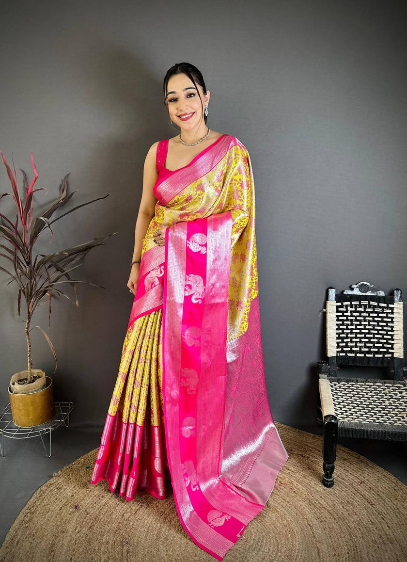 Bright Yellow & Rani Pink Soft Silk Saree with Silver Zari Border & Elephant Motif Pallu | Premium Festive Wear