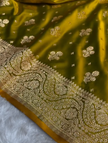 Mustard Olive Banarasi Silk Saree with Gold Zari Butta and Rich Pallu