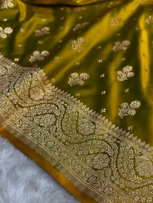 Mustard Olive Banarasi Silk Saree with Gold Zari Butta and Rich Pallu