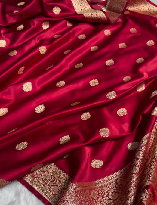 Elegant Maroon Satin Silk Saree with Golden Zari Motifs