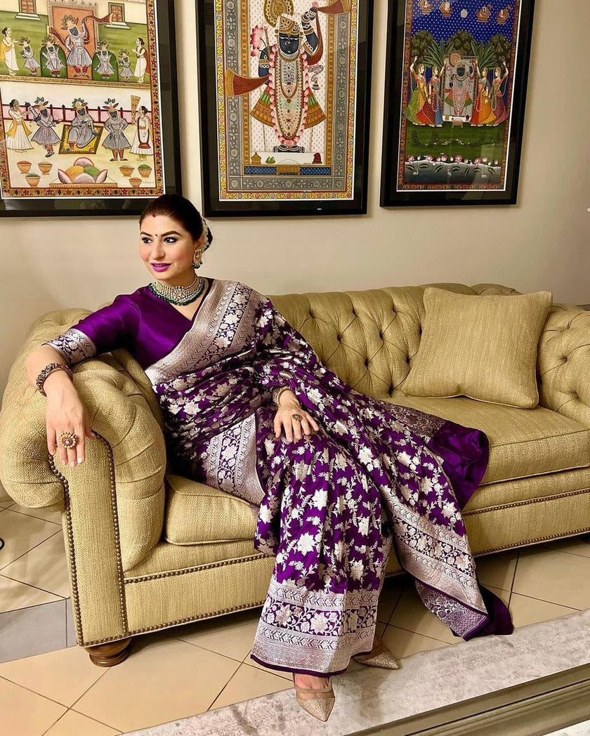 Dipali - Wine Banarasi Silk Saree with Silver Zari Floral Weaving