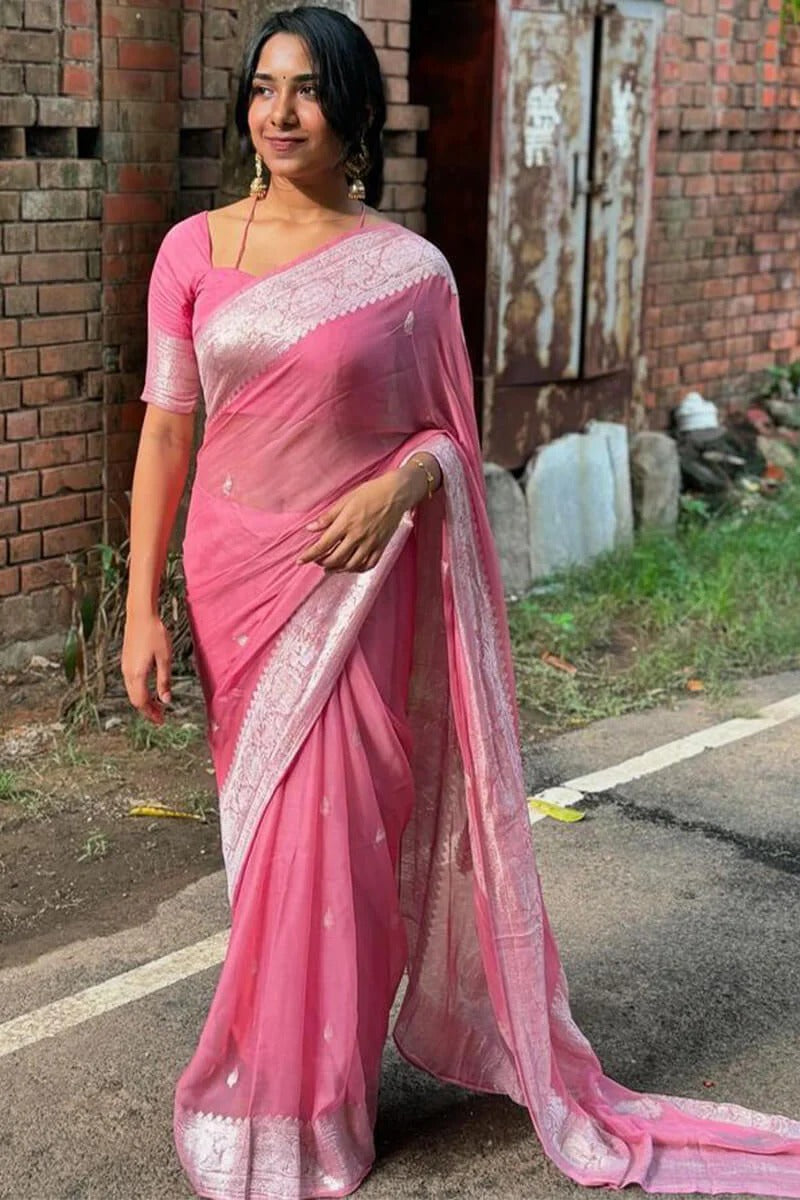Sushila – Pink Pure Linen Silk Saree with Jacquard Detailing