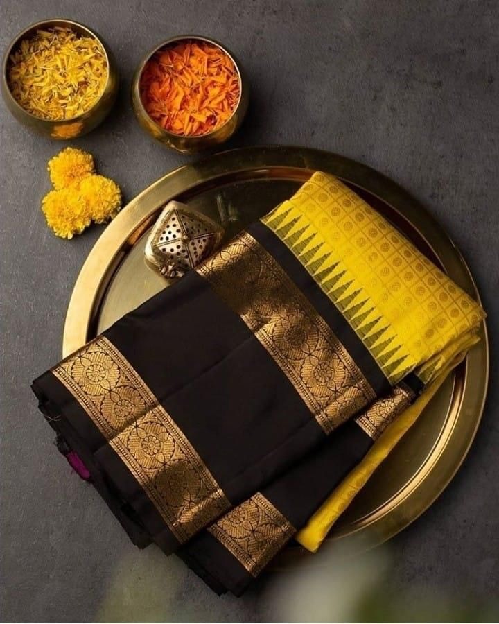 Sharvani – Yellow Soft Banarasi Silk Saree with Black Jacquard Blouse