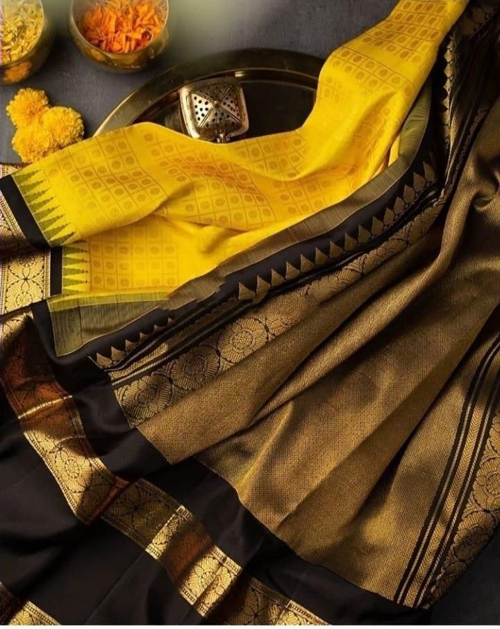 Sharvani – Yellow Soft Banarasi Silk Saree with Black Jacquard Blouse
