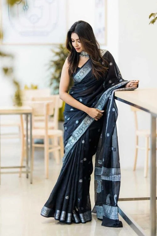 Samaira - Black Soft Silk Saree with Subtle Jacquard and Matching Blouse