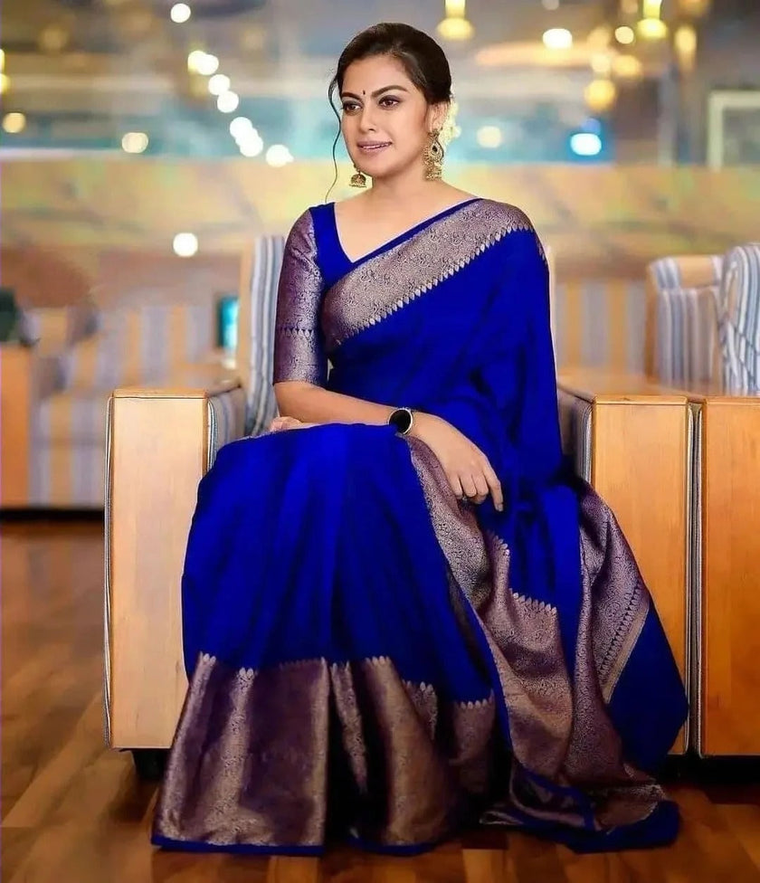 Nayira - Royal Blue Soft Silk Saree with Silver Zari Border and Matching Blouse
