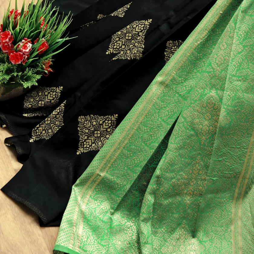Shravya - Black Soft Silk Saree with Mint Green Zari Border and Gold Motifs