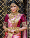 Ishvika - Pink Banarasi Silk Saree with Antique Gold Border and Dark Pink Blouse