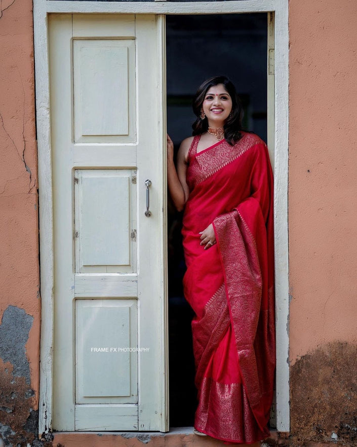Nayira - Red Soft Silk Saree with Silver Zari Border and Matching Blouse